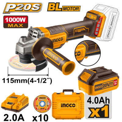 Ingco Cordless 20V Lithium-ion Angle Grinder 2 Speed Brushless with Safety Trigger 115mm 1000W Kit CAGLI2111561