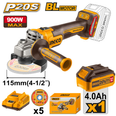 Ingco Cordless 20V Lithium-ion Angle Grinder 3 Speed Brushless 115mm 900W Kit CAGLI261521