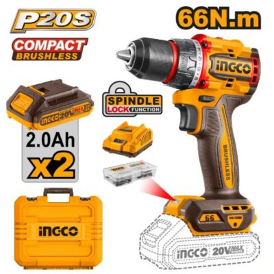 Ingco Cordless 20V Lithium-Ion Drill 66NM Brushless Kit CDLI20668