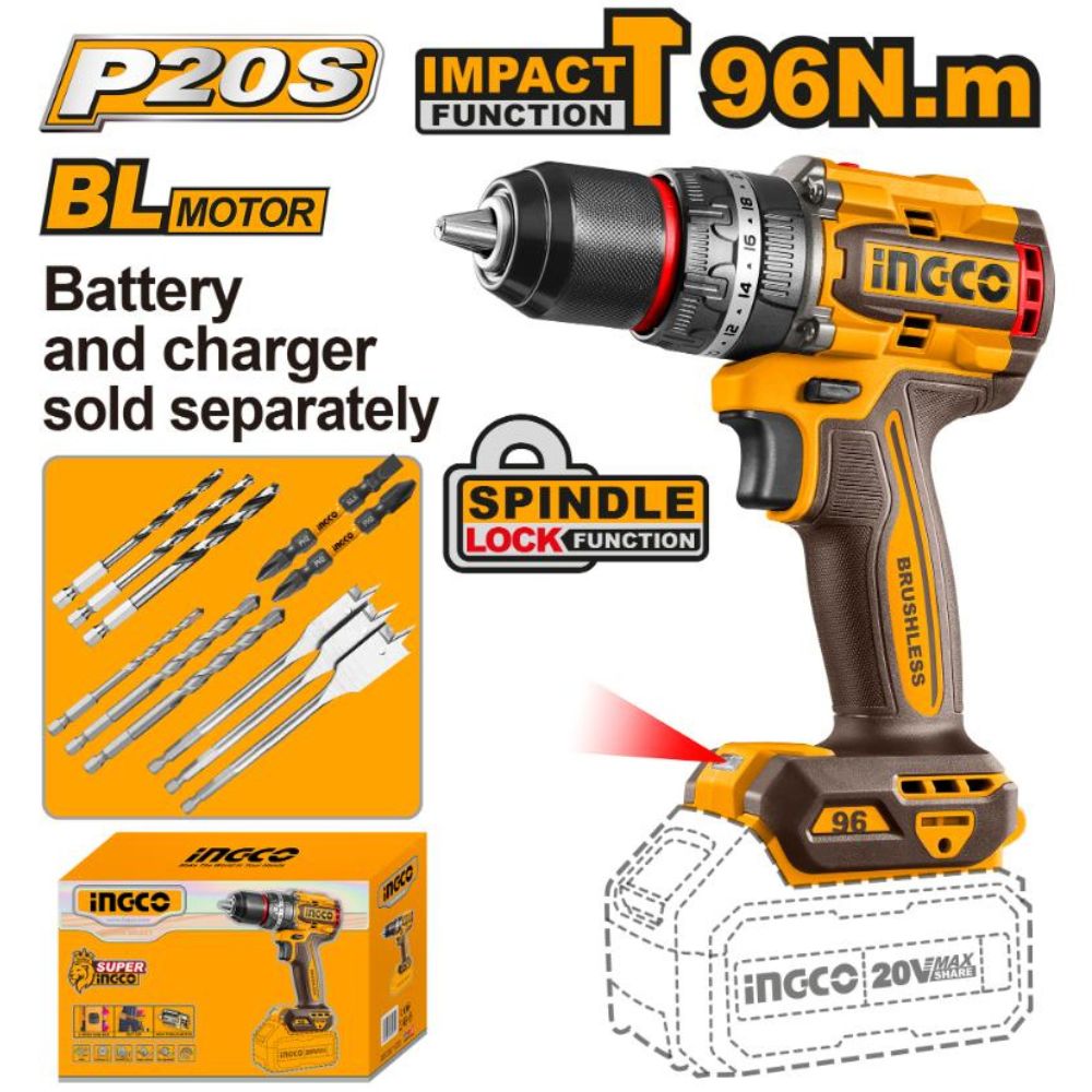 Ingco Cordless 20V Lithium-ion Impact Drill 96NM Brushless CIDLI209681
