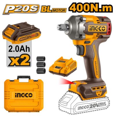 Ingco Cordless 20V Lithium-ion Impact Wrench 400nm Brushless Kit CIWLI2040