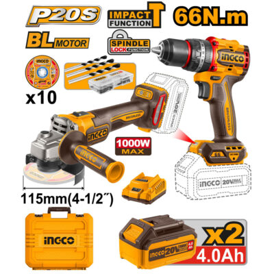 Ingco Cordless 20V Lithium-Ion Angle Grinder and Drill Kit CKLI20273