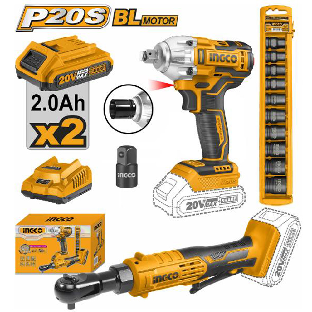 Ingco Cordless 20V Lithium-Ion Impact Wrench 300NM and Drive Ratchet 65NM Brushless Kit COSLI23066