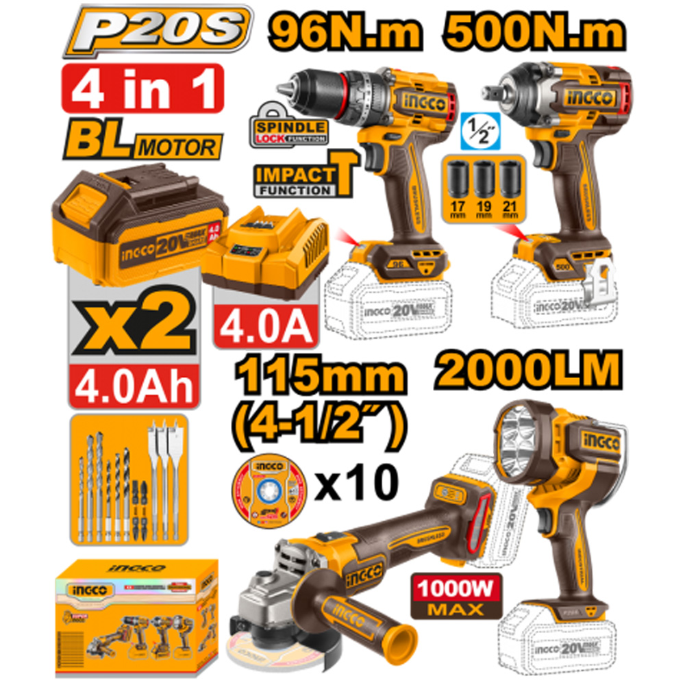 Ingco Cordless 20V 4 in 1 Combo Kit COSLI241292
