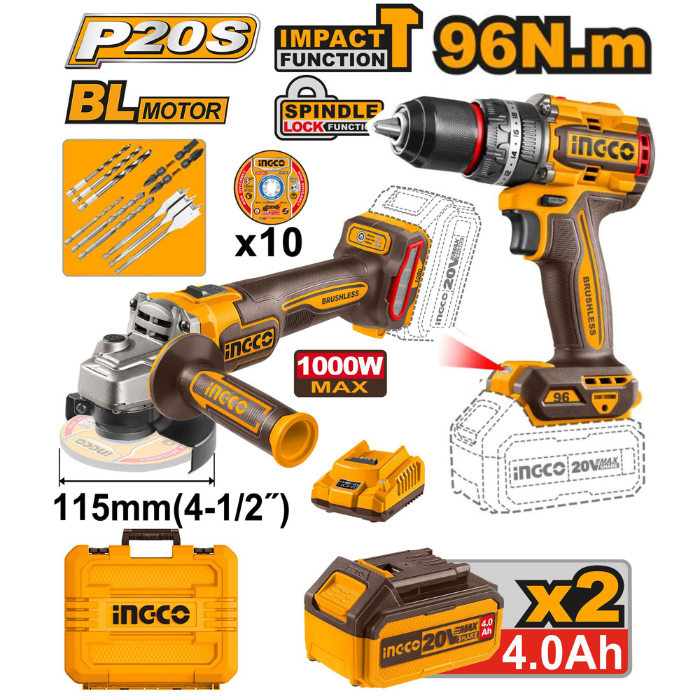 Ingco Cordless 20V Lithium-Ion Angle Grinder and Drill Kit COSLI241298