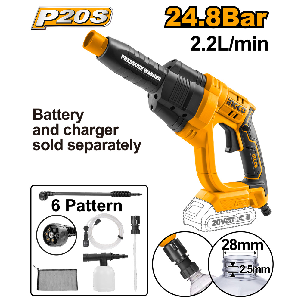 Ingco Cordless 20V Lithium-Ion Pressure Washer 24.8BAR CPWLI2008