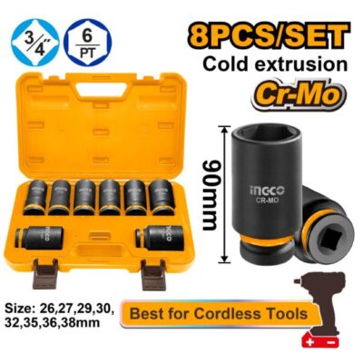 Ingco Acc Impact Socket Deep Set 3/8'' 26-38mm 8 Pieces HKISSD34082L