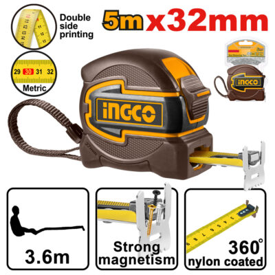 Ingco Tape Measure Rubber Magnetic 5M X 32mm HSMT80532M