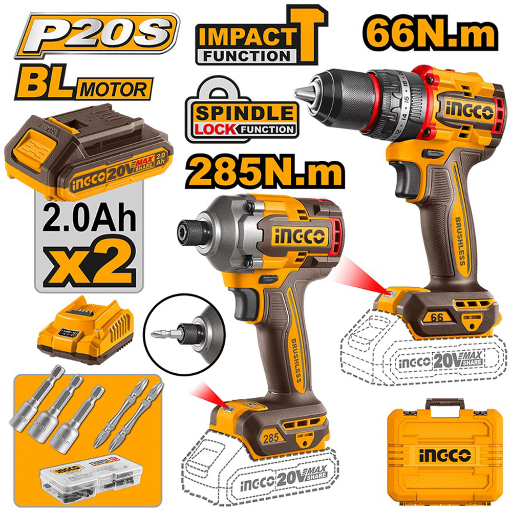 Ingco Cordless 20V Lithium-Ion Compact Impact Drill (66Nm) & Impact Driver (285Nm) Kit CKLI20277