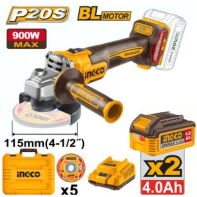 Ingco Cordless 20V Lithium-ion Angle Grinder 3 Speed Brushless 115mm 900W Kit CAGLI261522