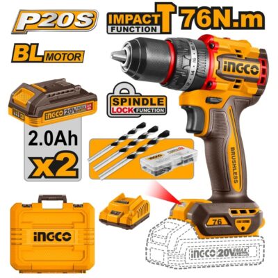 Ingco Cordless 20V Lithium-ion Impact Drill 76NM Brushless Kit CIDLI20768