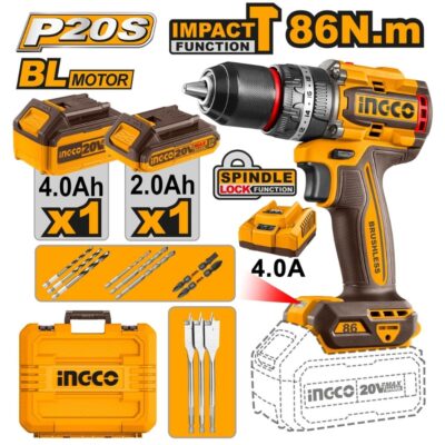 Ingco Cordless 20V Lithium-ion Impact Drill 86NM Brushless Kit CIDLI20868