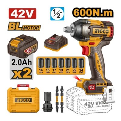 Ingco Cordless 42V Lithium-ion Impact Wrench 600NM Brushless Kit CIWLI42602