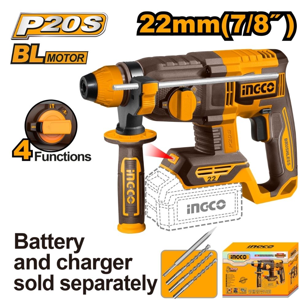 Ingco 20V Drill Rotary Hammer 2.0J Brushess CRHLI21228